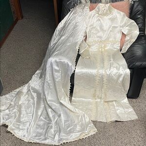 Vintage 50s long sleeve White Satin wedding gown with embroidered lace and train